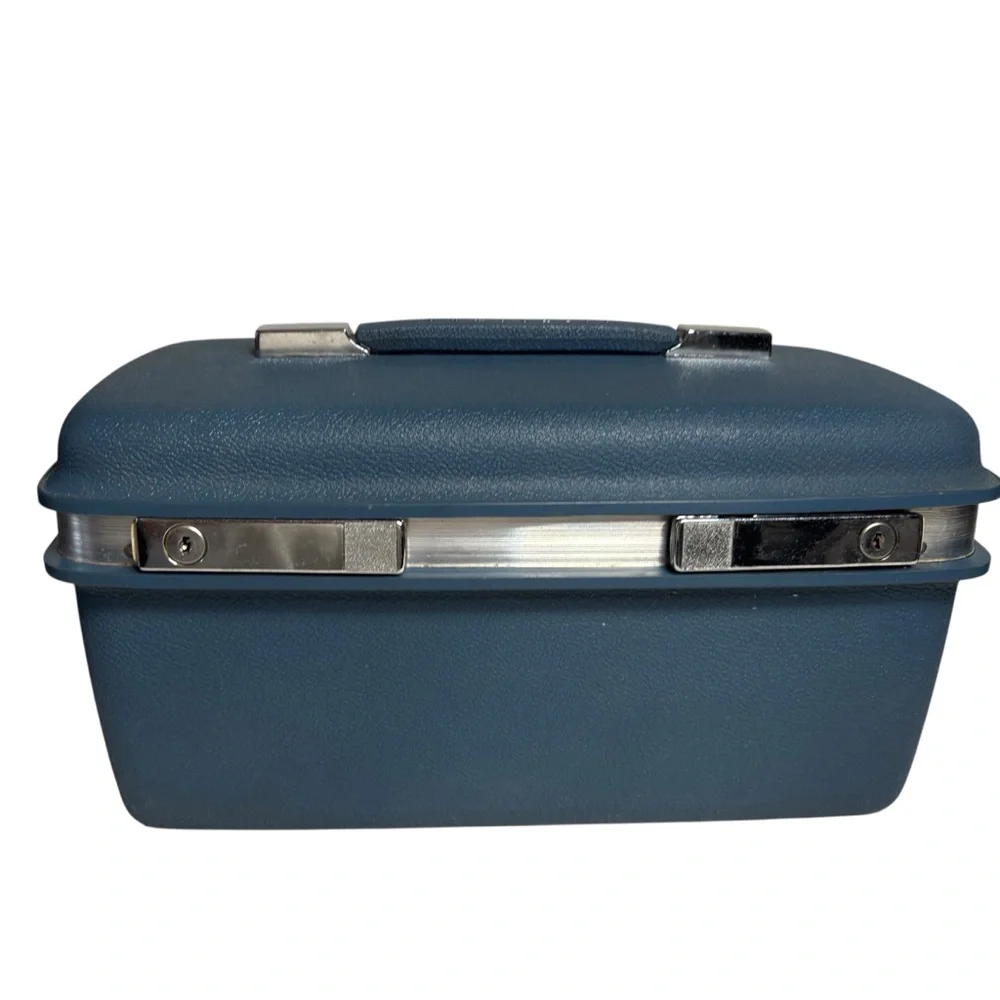 VTG BLUE Samsonite Silhouette Vanity Train Luggage Cosmetic Hard Case & tray EUC